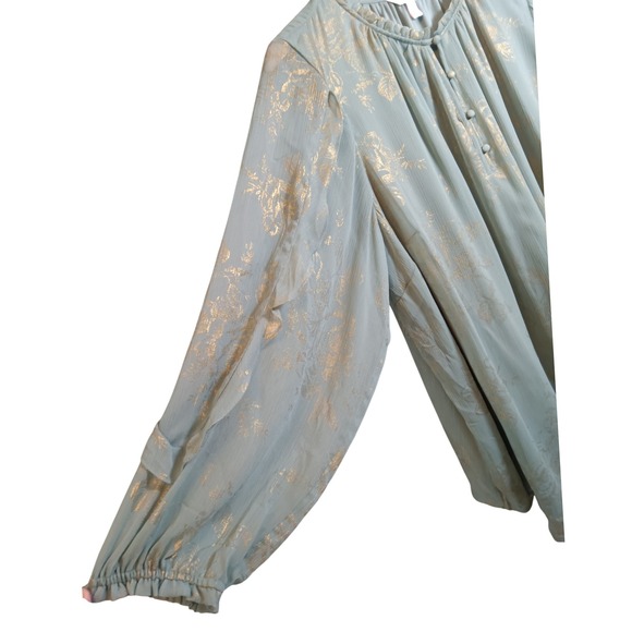 Lauren Conrad Plus 2X Sage Green Gold Floral Print Ruffle Neck Blouse Top - Picture 4 of 9